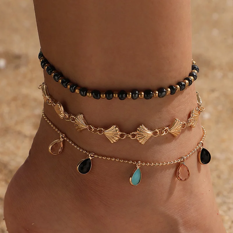 

New 2022 Summer Beach Shell Beaded Three-layer Anklet Colored Diamond Inlaid Ethnic Style Multi-layer Anklet