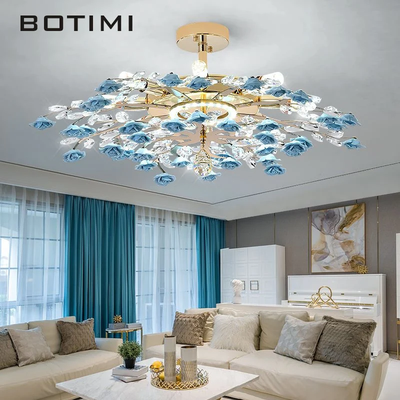 

BOTIMI Romantic Rose Chandeliers For Living Room Lustres Blue Pastoral Styles Chandelier Lighting Ceramics Flowers Bedroom Lamps