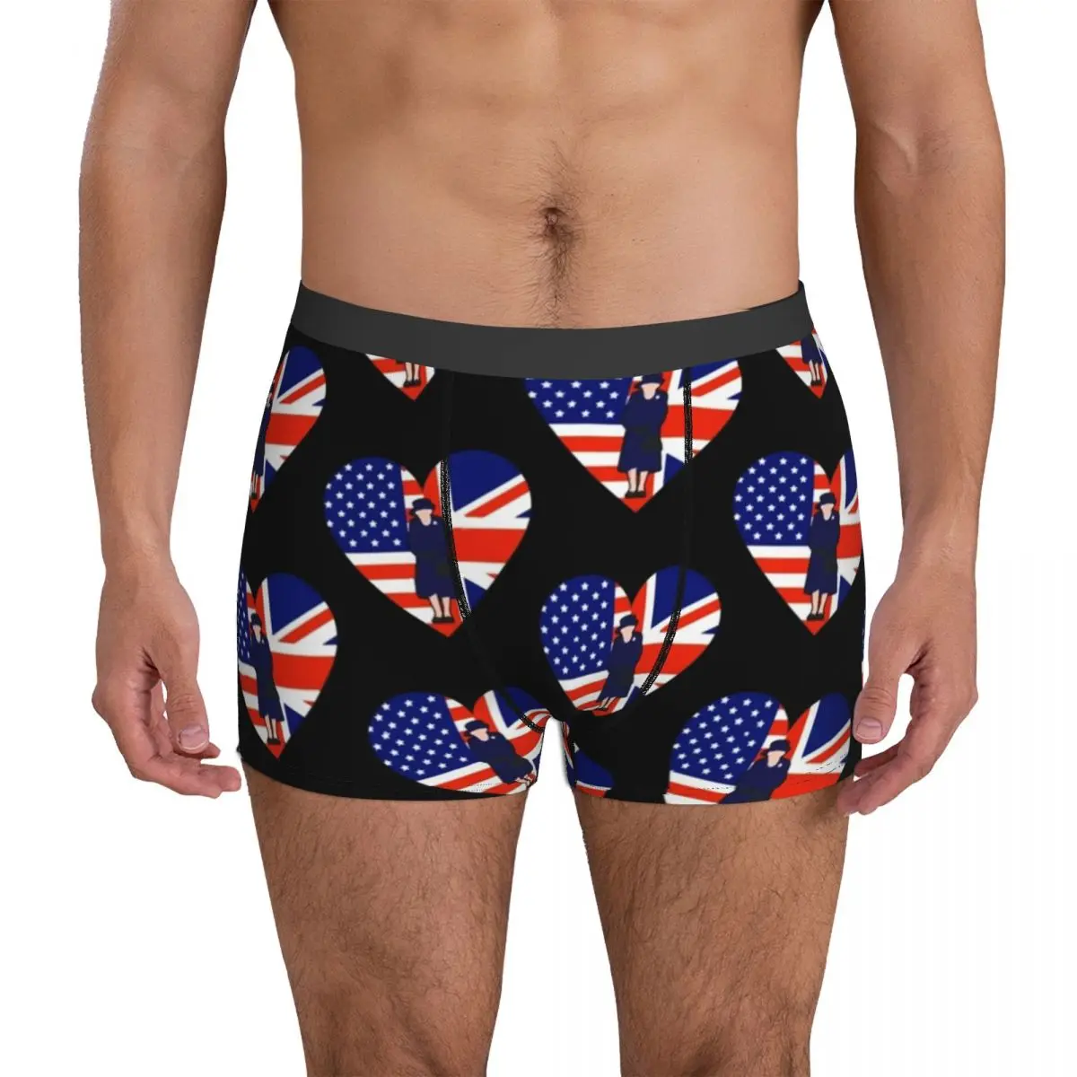 Queen Elizabeth Underwear Heart Shape UK Flag Cute Underpants Sublimation Shorts Briefs 3D Pouch Men Plus Size Boxer Shorts