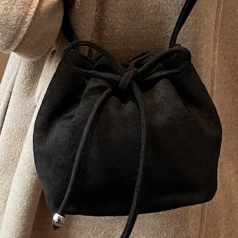 

Women's Small Bucket Shoulder Bag Quality Suede Black Retro Female Wallet Drawstring Handbag Ladies Delicate Mini Crossbody Bags