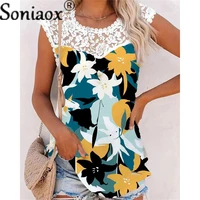summer women floral print lace patchwork tank tops female o neck slim casual vest fashion vintage sleeveless t shirt comfortable