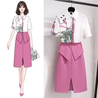 womens new summer high end temperament lapel short sleeve printed top fashionable split skirt casual suit two piece set