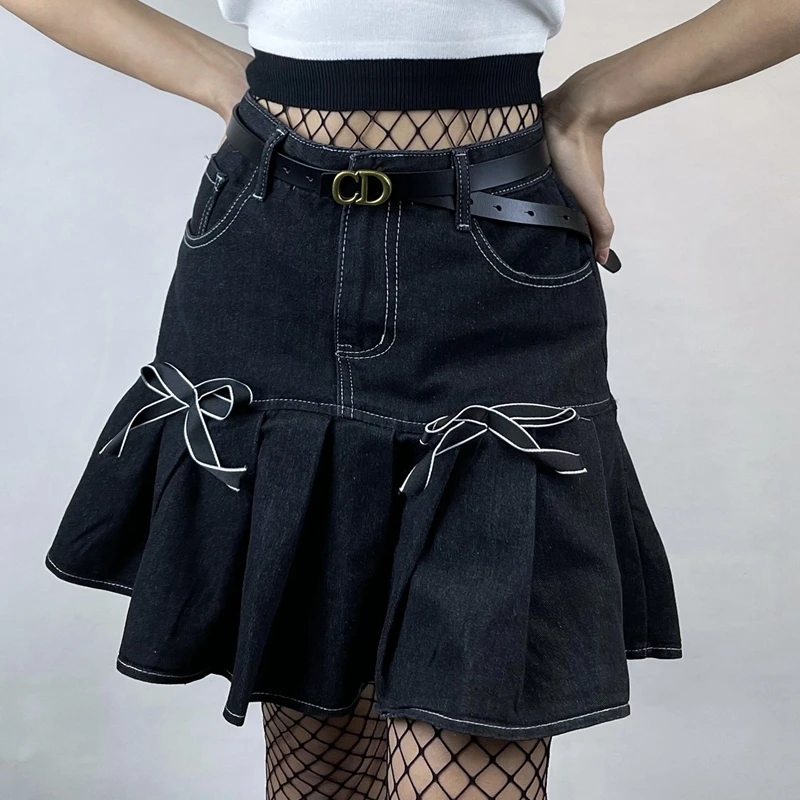 

Винтажная мини-юбка в стиле преппи с бантом, плиссированная джинсовая юбка с высокой талией и оборками, женская одежда в стиле Харадзюку, од...