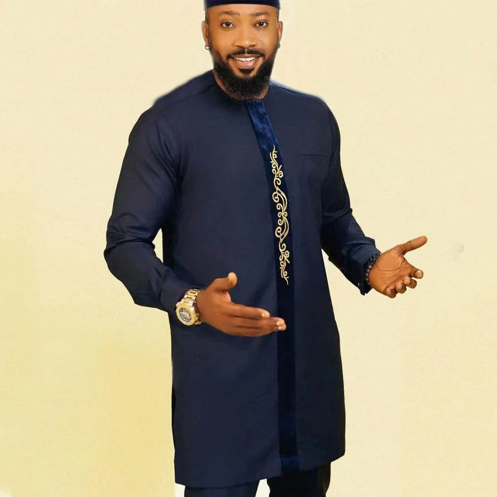 Ramadan Eid Muslim Fashion Men Shirt Casual Arabian Navy Blue Abayas Dubai Long Sleeve Indian Stand Collar Islamic Clothing