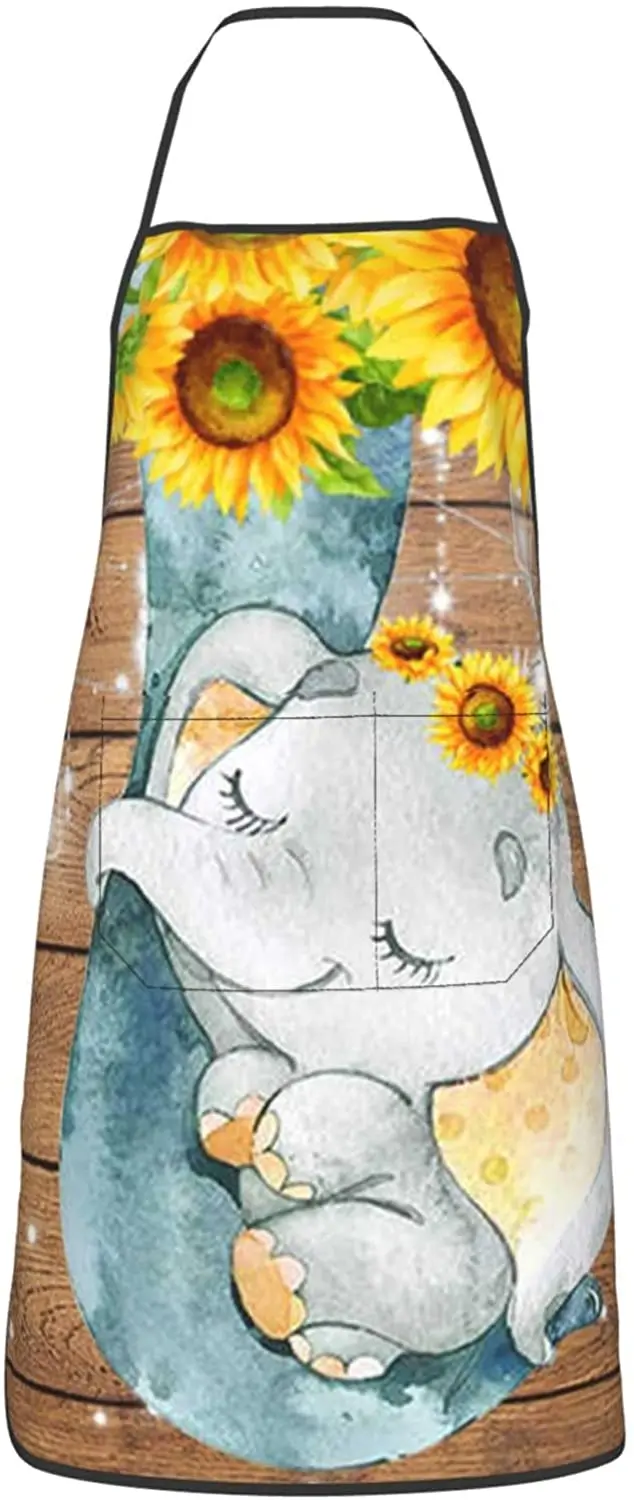 

Mother And Elephant Sunflowers Printed Apron Cooking Kitchen Aprons Waterproof Bib With 2 Pockets Unisex Kitchen Apron