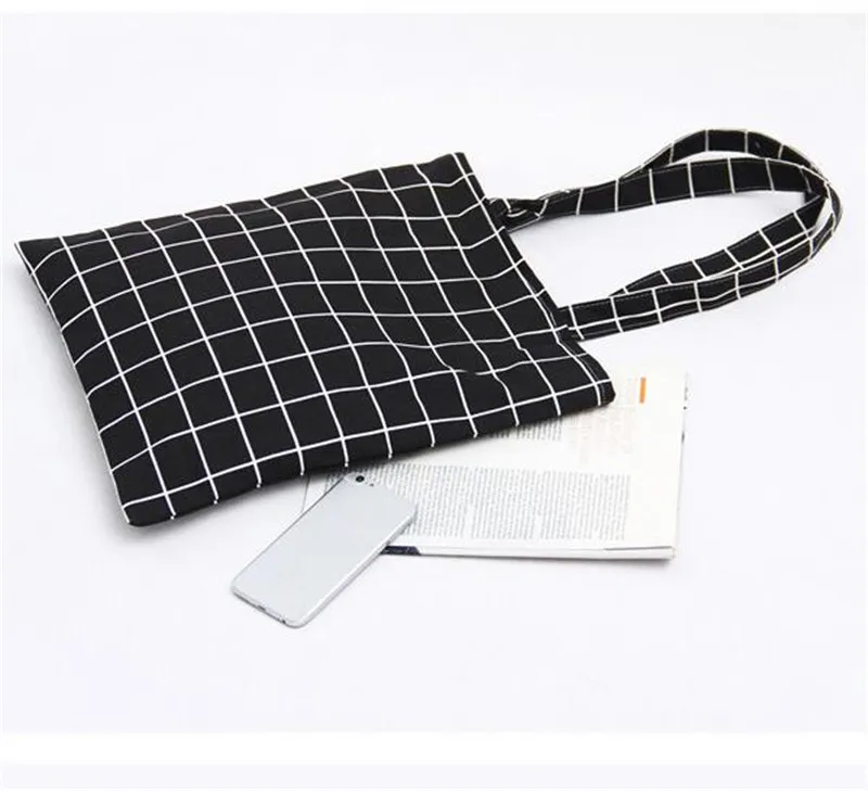 

Fashion Women Student Canvas Bag Linen Plaid Shoulder Tote Handbag Eco Shopping Large Capacity New Casual Simple Bags