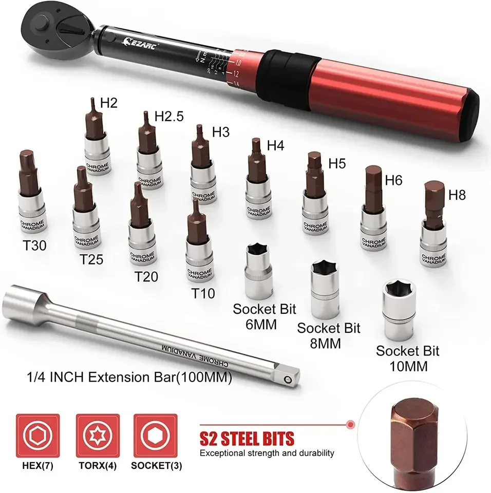 Ezarc динамометрический ключ для велосипеда Set 1/4 дюйма и набор гнезд регулируемого