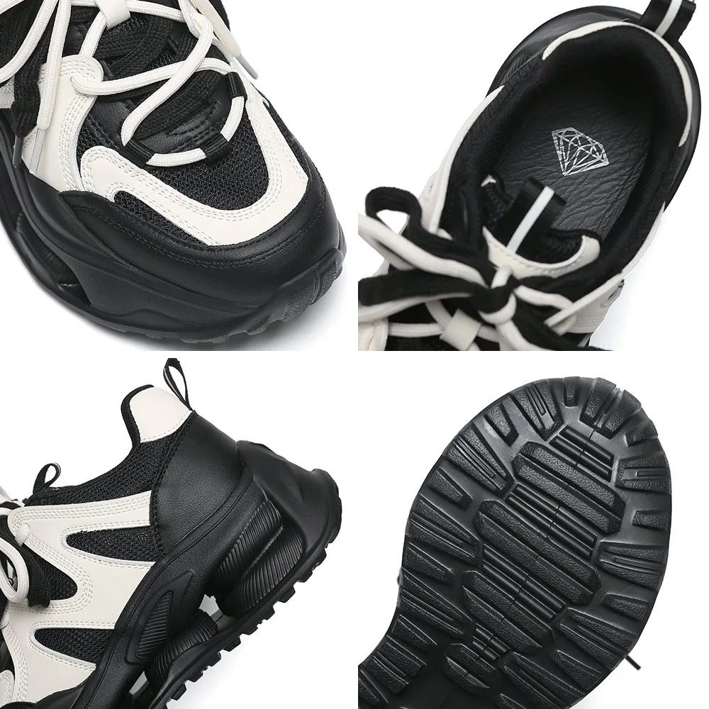 SOMILISS Women Chunky Sneakers Genuine Leather Mesh Round Toe Lace Up Ladies Spring Summer Breathable Soft Platform Casual Shoes