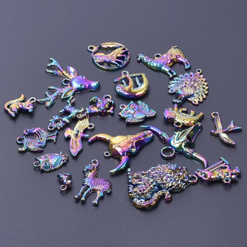 

20pcs/Set Rainbow Color Animal Tree Lion Eagle Bull Head Zebra Puppy Camel Elephant Wolf Deer Rooster Squirrel Pendant Charms