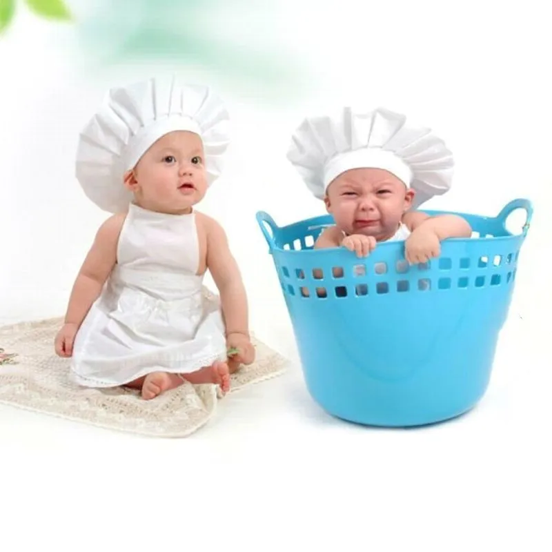 

2Pcs/Set Baby Chef Apron+Hat For Kids Baby White Cook Hat Girls Boys Cap Newborn Photography Props Costume For 0-12month Baby