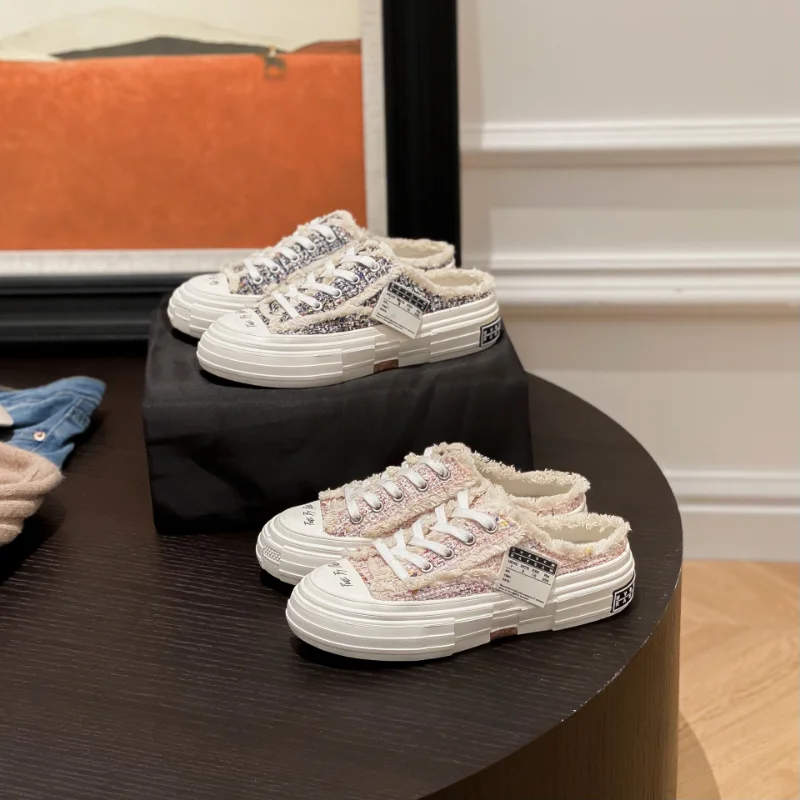 

Lace Up Canvas Ladies Shoes Fashion Casual Platform Slippers Women Mixed Color Zapatos Mujer Autumn New Round Toe Flip Flops