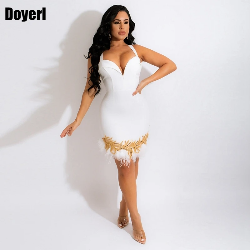 

Белое пикантное облегающее платье в стиле пэчворк с перьями для женщин, вечернее обтягивающее платье миди с открытой спиной на тонких лямка...