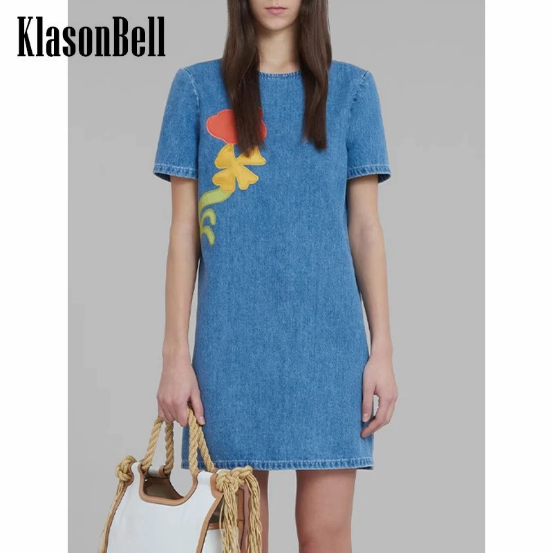 

6.23 KlasonBell Summer Beach Floral Pattern Short Sleeve Denim Mini Dress Women