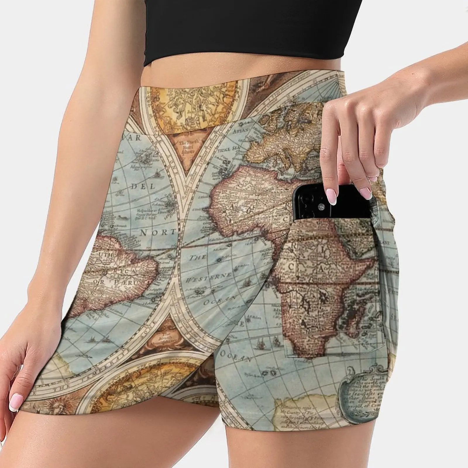 

Vintage World Map Women's skirt With Hide Pocket Tennis Skirt Golf Skirts Badminton Skirts Running skirts Map Vintage World