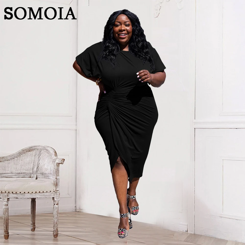 

SOMOIA Plus Size Dresses Summer Casual Solid Color Irregular Loose Dress Round Neck Elegant Party Dress Wholesale Dropshipping