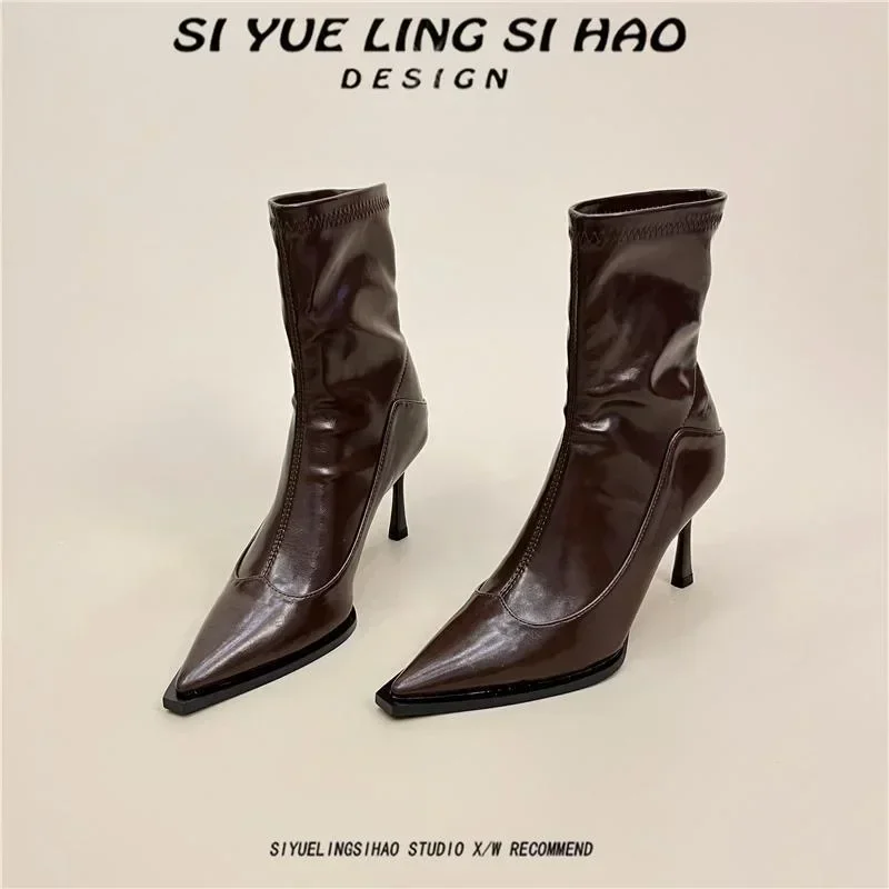 Женские полусапожки на высоком каблуке элегантные с острым носком размер 35-39