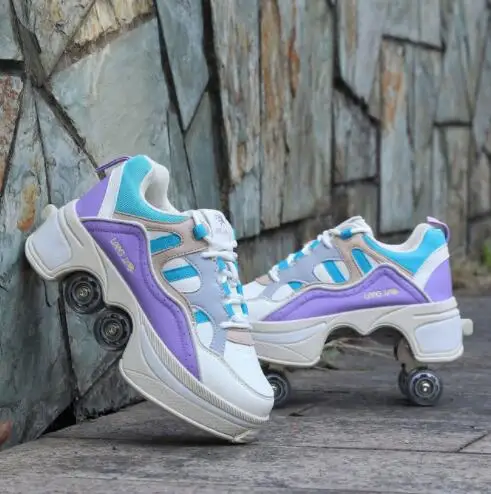 Deformation Roller Skates Skate Shoes 4 Wheels Parkour Sports Skateboard Shoes Unisex Sneakers Children Girls Boys Roller Skates