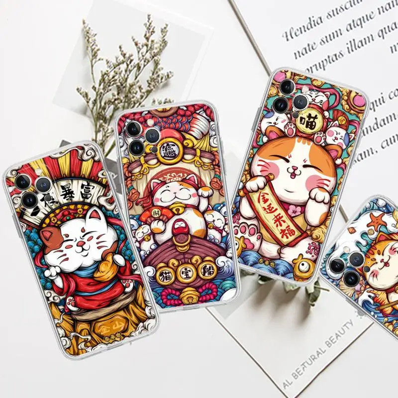 

Fortune cat Phone Case For iPhone 13 14 Pro Max XS XR 12 11 Pro 13 Mini 6 7 8 Plus Clear Back Cover Capa