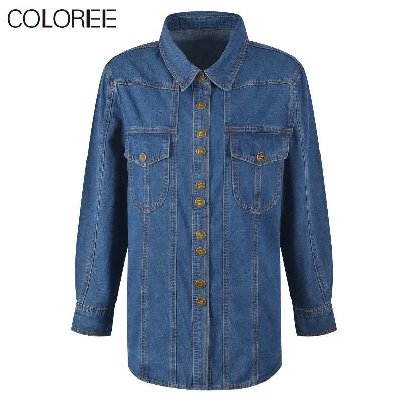 

Luxury Gold Buttons Blusa Mujer Moda 2023 Spring Elegant Long Sleeve Blue Denim Top Korean Fashion Outwears
