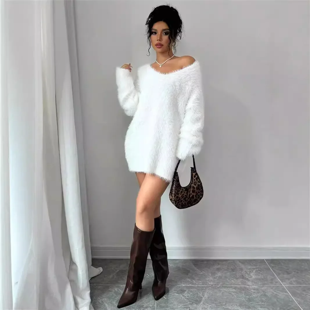 В Европе и США трансграничное осенне-зимнее платье 2024 новая одежда с v-образным