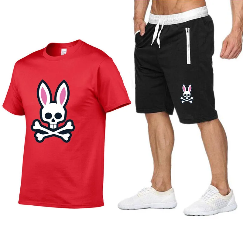 

Outdoor Sports Jogging Short-sleeved Couples Suit Ghost Rabbit Print Cotton Men's T-shirt + Shorts Summer Casual Suit Women' T-s