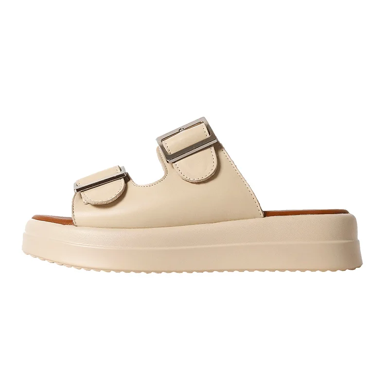 

Women Genuine Leather Summer Flat Slippers Roman Retro Solid Sandals Ladies Casual Beach Slides 2022 Lovely Fashion Female Shoes