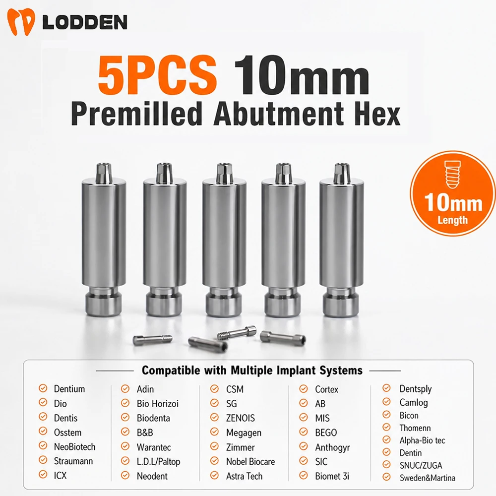 Фото 5 шт. предварительно фрезерованных абатментов 10 мм Hex для Osstem, Dentium, DIO, Megagen, Zimmer, Neodent, Adin, Straumann, NeoBiotech, титановые №1