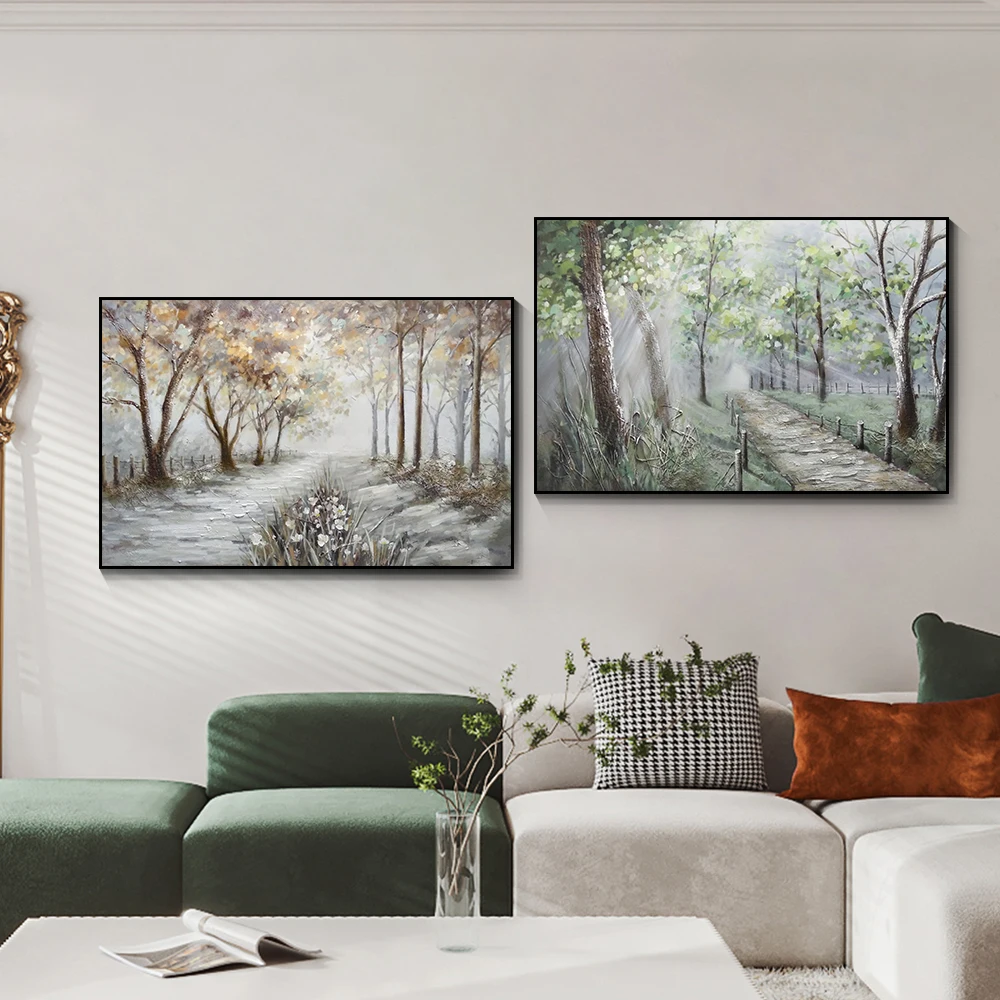 

Абстрактная картина маслом на зеленых деревьях, маленькая дорога, 100% ручная роспись на холсте, пейзаж, настенное искусство для гостиной, укр...