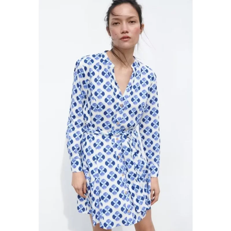 

2023 summer linen print shirt dress