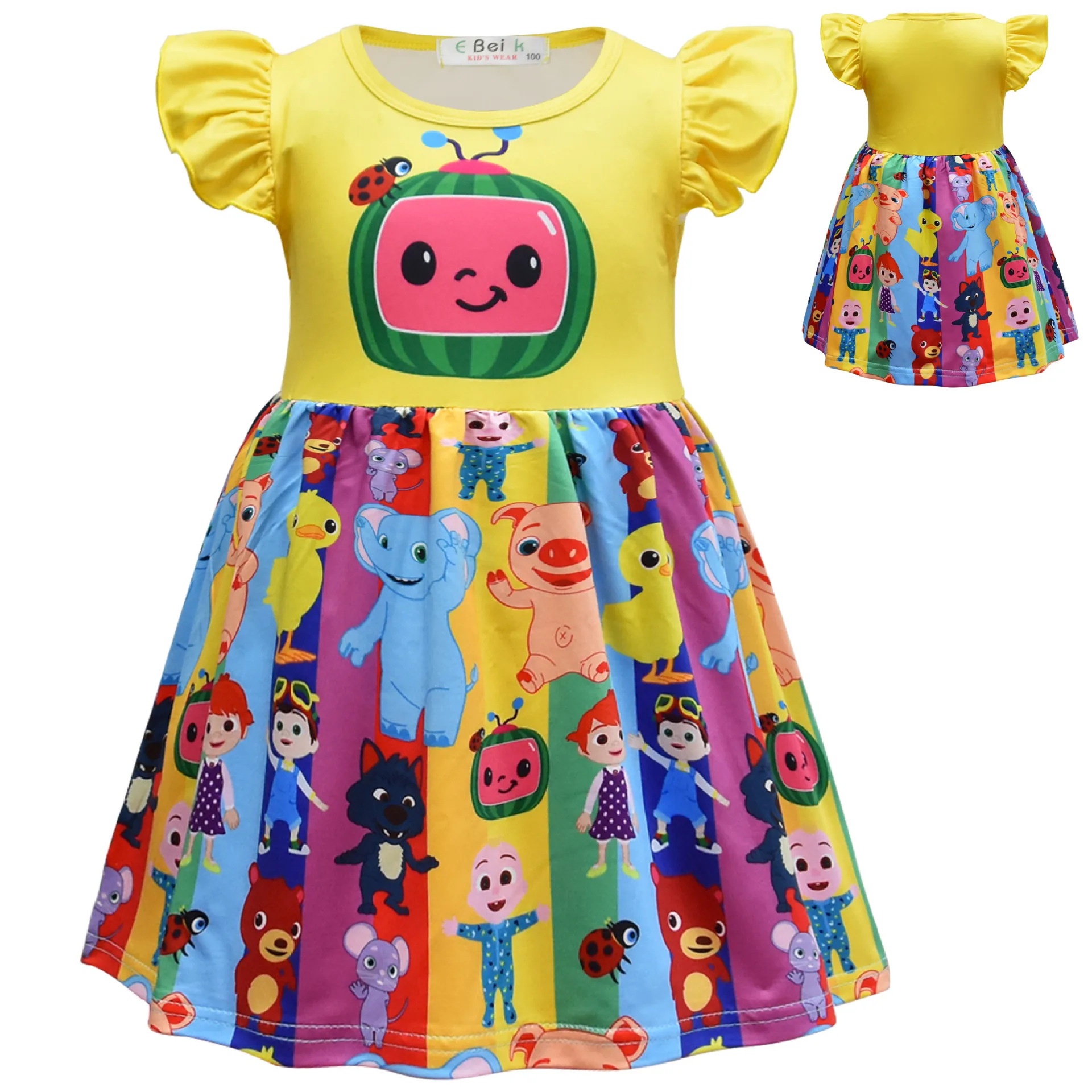 Baby Girls Casual Toddler Dress Cartoon Cocomeloned Printed Flying Sleeves Summer Dresses Kids Carnival Party Clothes