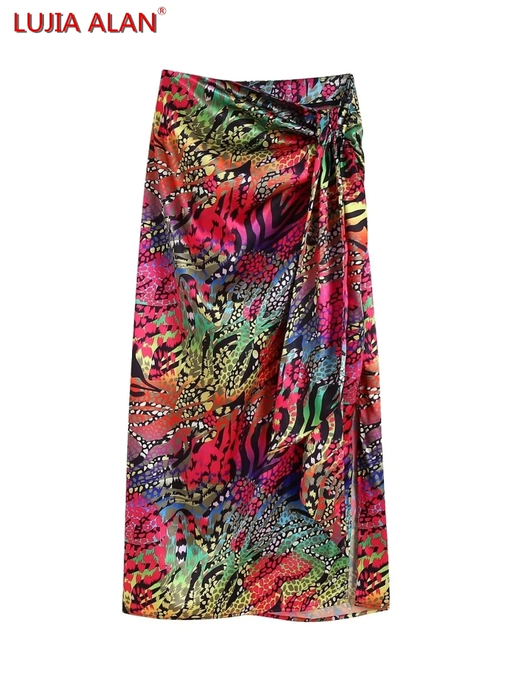 

Hot Sale New Women's Multicolor Leopard Print Satin High Waist Side Slit Casual Knot Design Loose Long Skirts LUJIA ALAN P3219