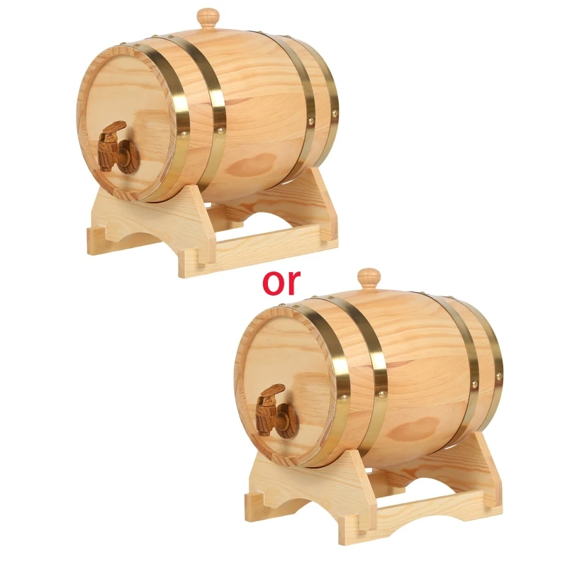 F63A Pine Aging Barrels Wooden Wine Barrel Dispenser Vintage Storage Bucket with Wood Stand and Faucet for Wines Whiskey Beer
