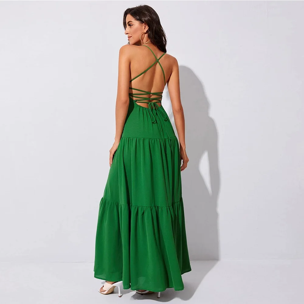 

Backless Long Dress 2022 Summer Fashion Women Clothing Green Color Spaghetti Strap Dresses Maxi Loose A Line Sexy Evening Party