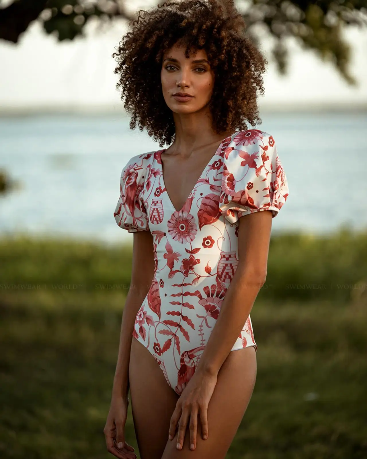 Puffy Sleeves Floral Print Beachwear 2023 Women's Fashion Swimwear Summer V Neck One Piece Swimsuit Beach Style Bathing Suits