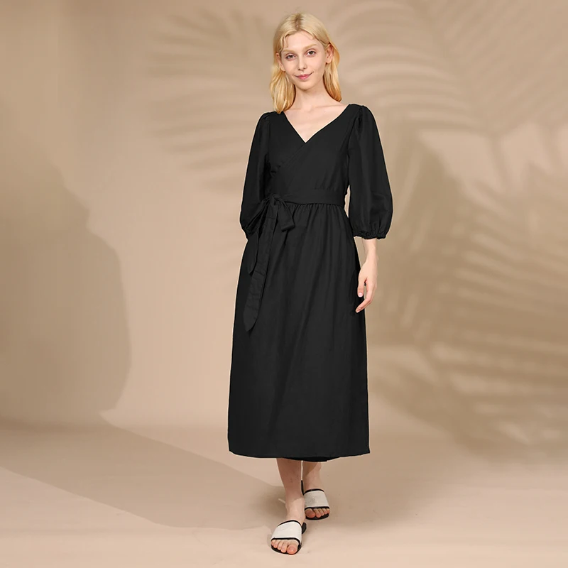 Элегантное женское платье из хлопка и льна сексуальные платья с V-образным