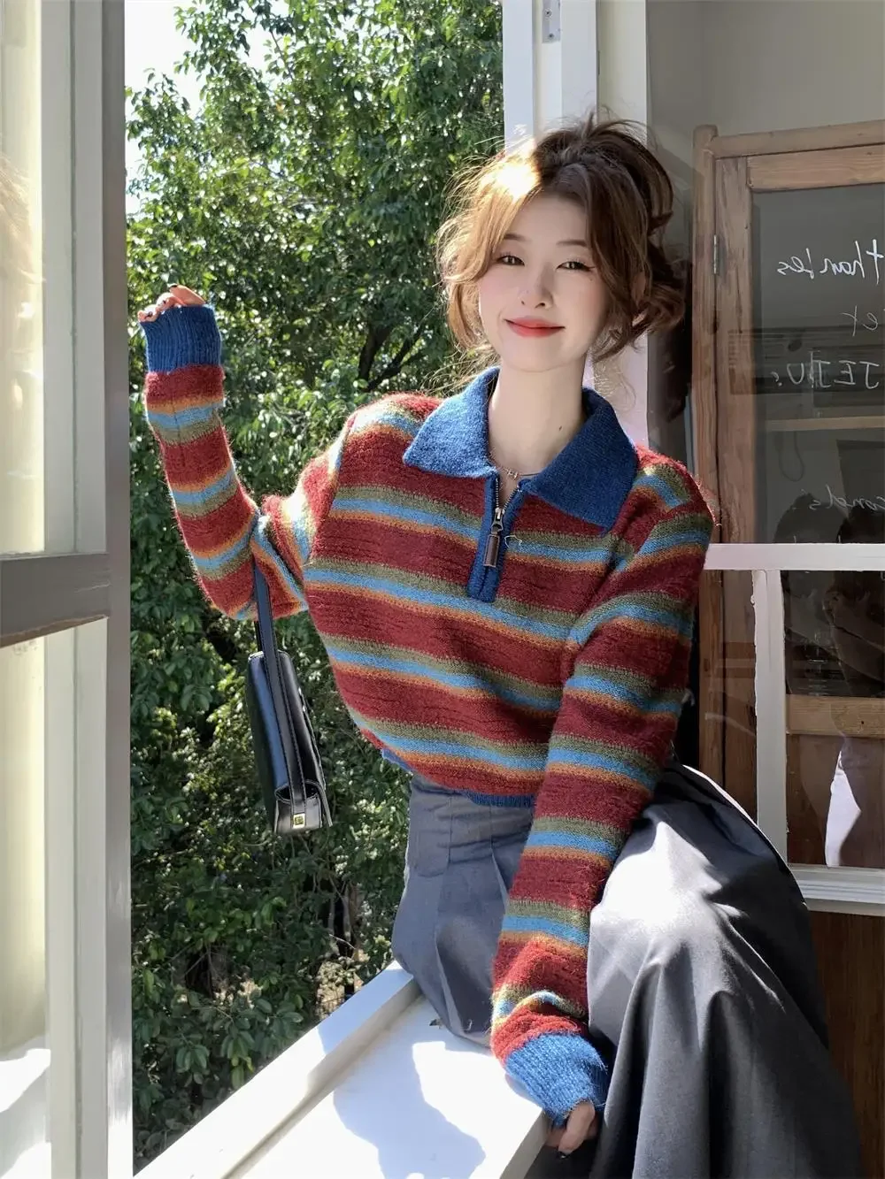 Осень/зима 2023 винтажный полосатый воротник-поло вязаный топ женский свободный