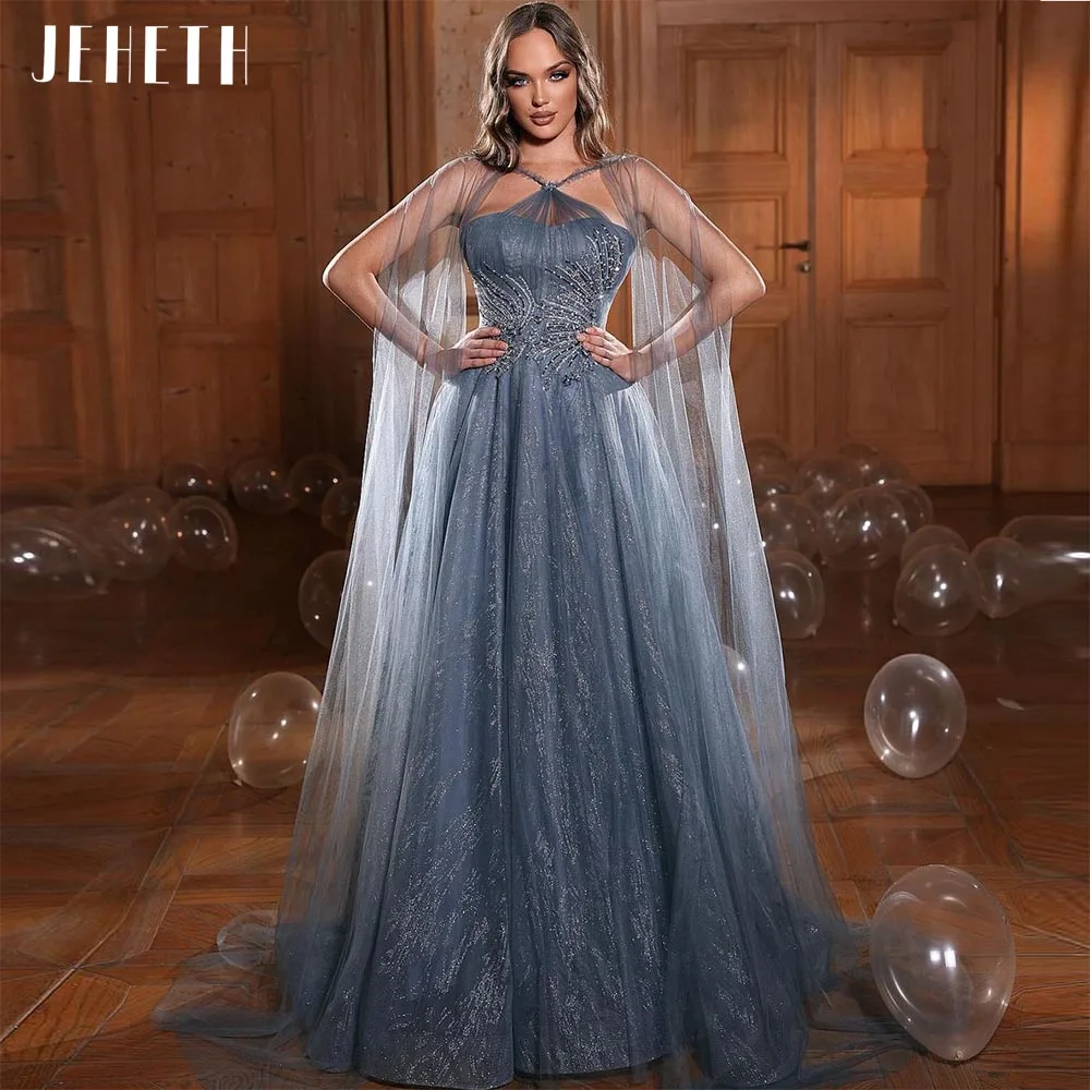 

JEHETH Luxury 2023 Long Tulle Evening Dresses With Cape Crystal Sequined Beading Halter A-Line Prom Party Dress vestido de noche