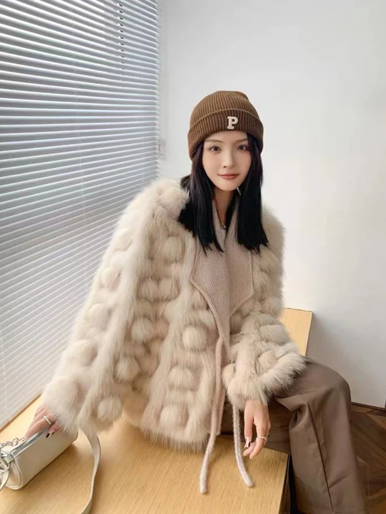 2022 Winter Faux Fur Coat Women Knitting Jackets For Women Natural Fur Coat Fashion Design Fluffy Lace-up Splicing Streetwear