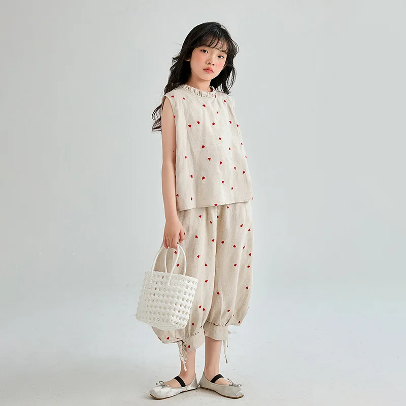 

Teenage Girls Summer Set Polka Dot Cotton Linen Vest Tops Casual Trousers Two-piece Thin Kids Boutique Clothes Children Outfits