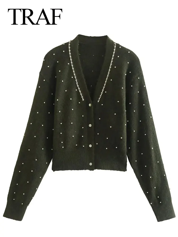 

Женский вязаный свитер с искусственным жемчугом, V-образным вырезом и пуговицами