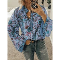 women print blouses casual loose tops stand bohemian long sleeves button pullover female tee shirts blouse