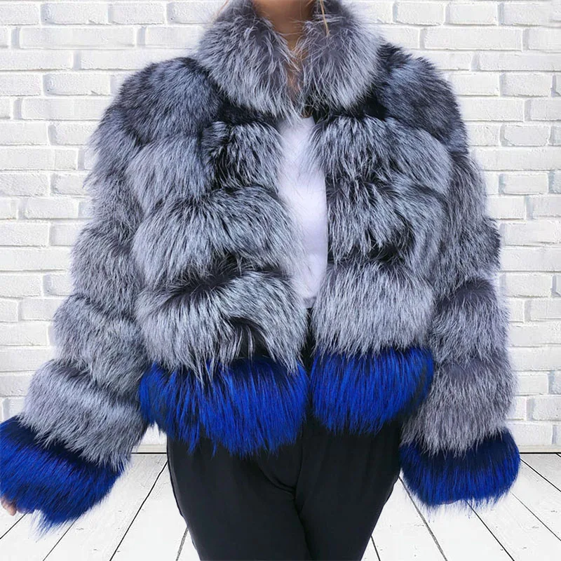 2023 new women's silver fox mixed color real fur coat winter luxury high product fluffy quality fox fur coat free free mail