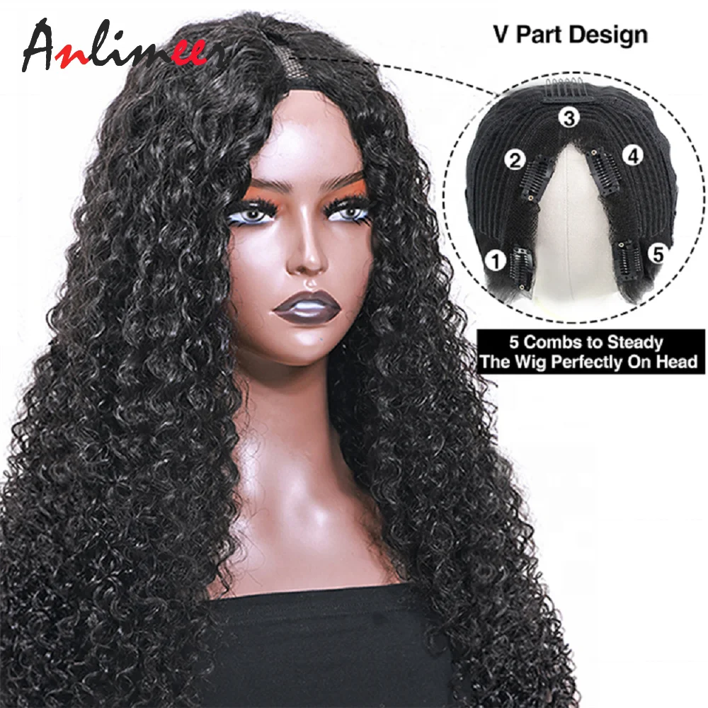 

Deep Wave V Part Wig Human Hair No Lave Outside Part Glueless V Part Wig 220 Density Brazilian Curly Human Hair Wigs for Women