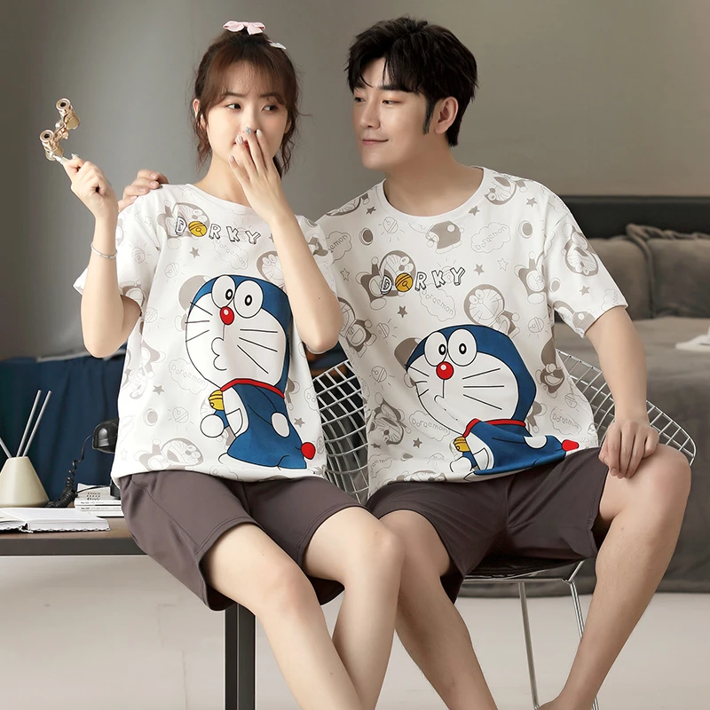 Couple Pajamas Sets Women Man Anime Doraemon Pijama Cotton Korean Men Sleepwear Short Sleeve Cute Lovers Women Nightwear