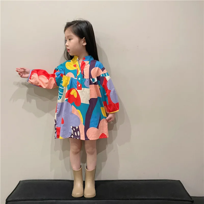 

Style Knee Collar Above Kids Stand Dress Casual Little Princess Floral Korean Cotton Girls Dress Spring Tops