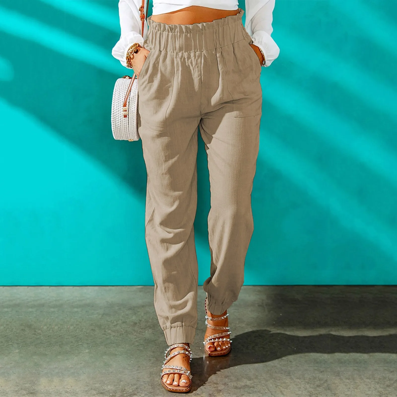 

2022 Summer Casual Pants Women Elastic Waist Solid Pockets Retro Loose Women's Harem Pants Trousers Bottoms Jogging Pants Woman