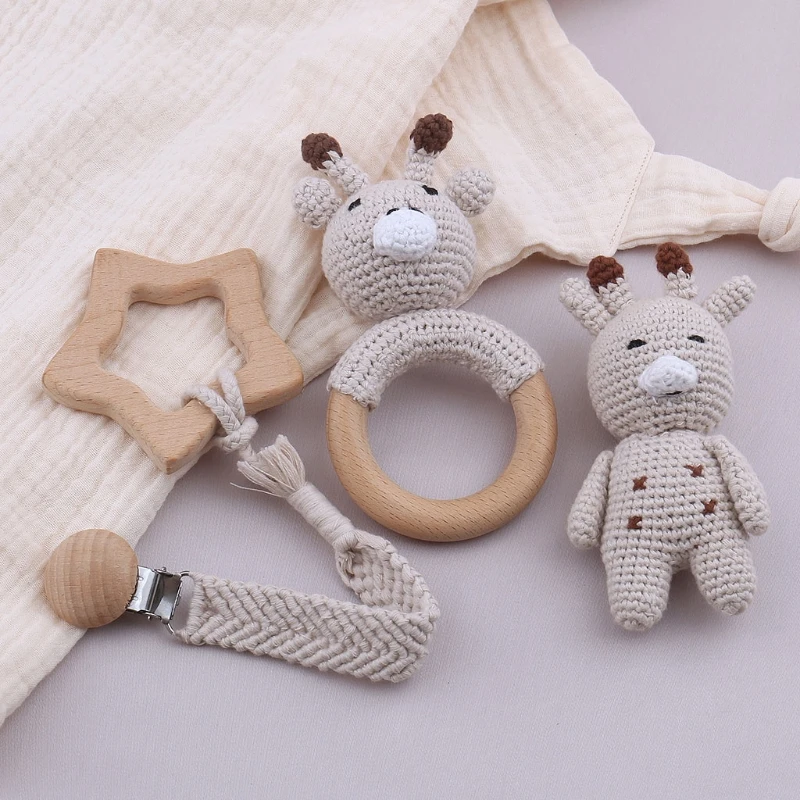 

1 Set Baby Newborn Wooden Star Teether Pacifier Clip Chain Dummy Nipple Holder DIY Crochet Appease Toy Elephant Rattle A2UB