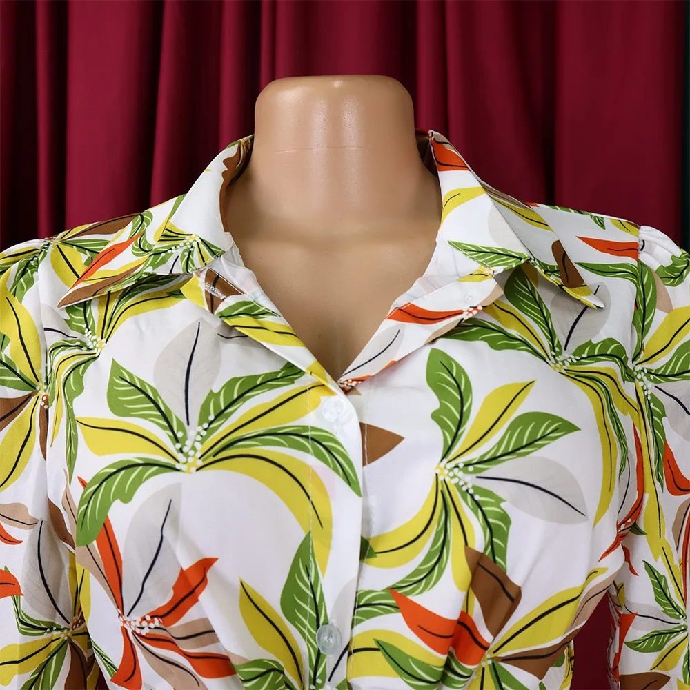 Модная женская блузка с принтом однобортная отложным воротником и длинными