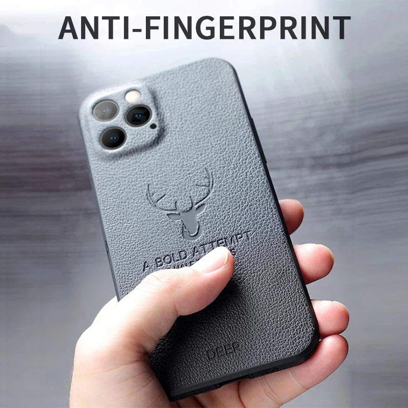 Luxury Leather Texture Square Frame Deer Case For iPhone 11 12 13 14 Pro Max Plus Mini X XR XS Silicone Bumper Shockproof Cover