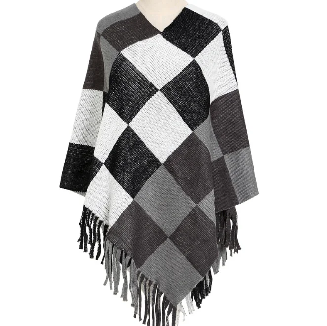 

Color Lattice Winter Pullover Knitted Shawl Imitation Cashmere warm Tassel Cloak Women's Coat Cloak For Outdoor Wear White
